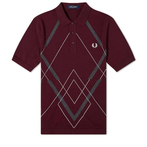 Fred Perry Abstract Argyle Knitted Polo Shirt Men's Size XL Mahogany NWT Cotton - Picture 1 of 7